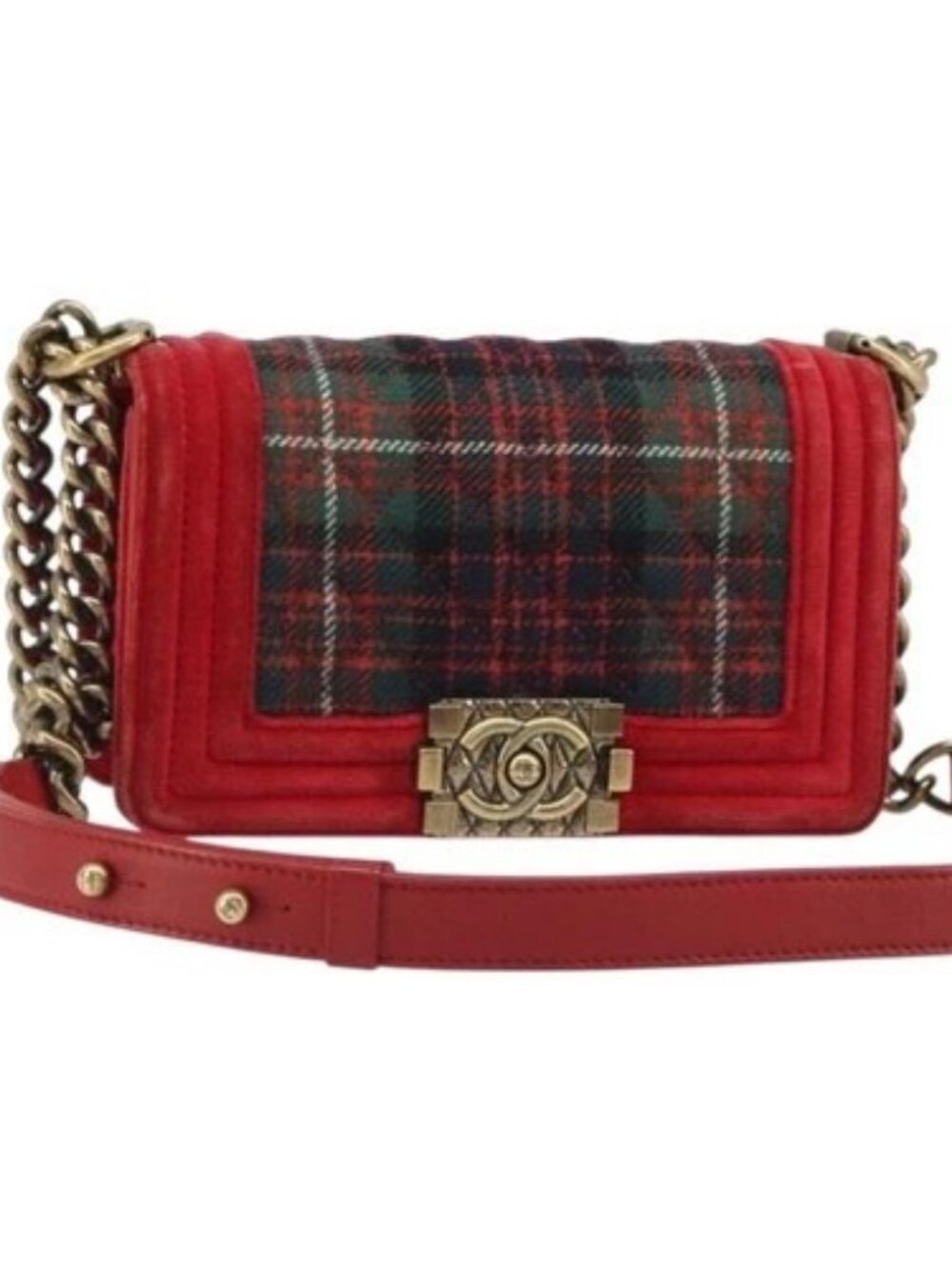 CHANEL Boy Chanel Chain Shoulder Bag Velor Red Gold CC Auth mr2605SAV